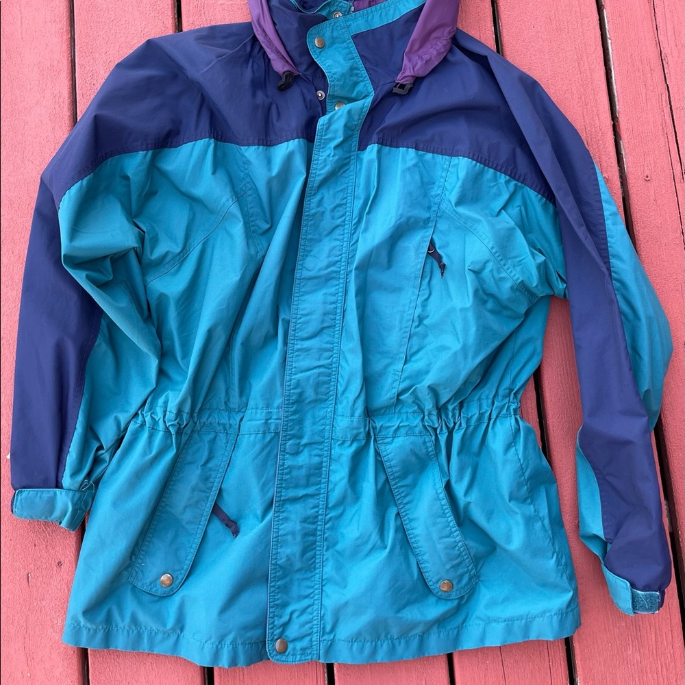 Lands’ End Purple Blue And Teal Rain Jacket Hood Zipper Mens XL Pre-owned